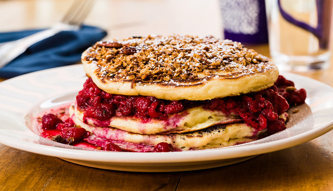 Clara Cakes - pancakes, raspberry, mascarpone & granola.