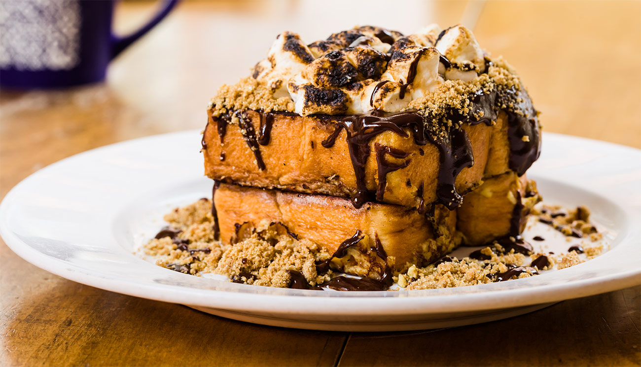 Smores french toast - chocolate, graham cracker, toasted marshamallow.